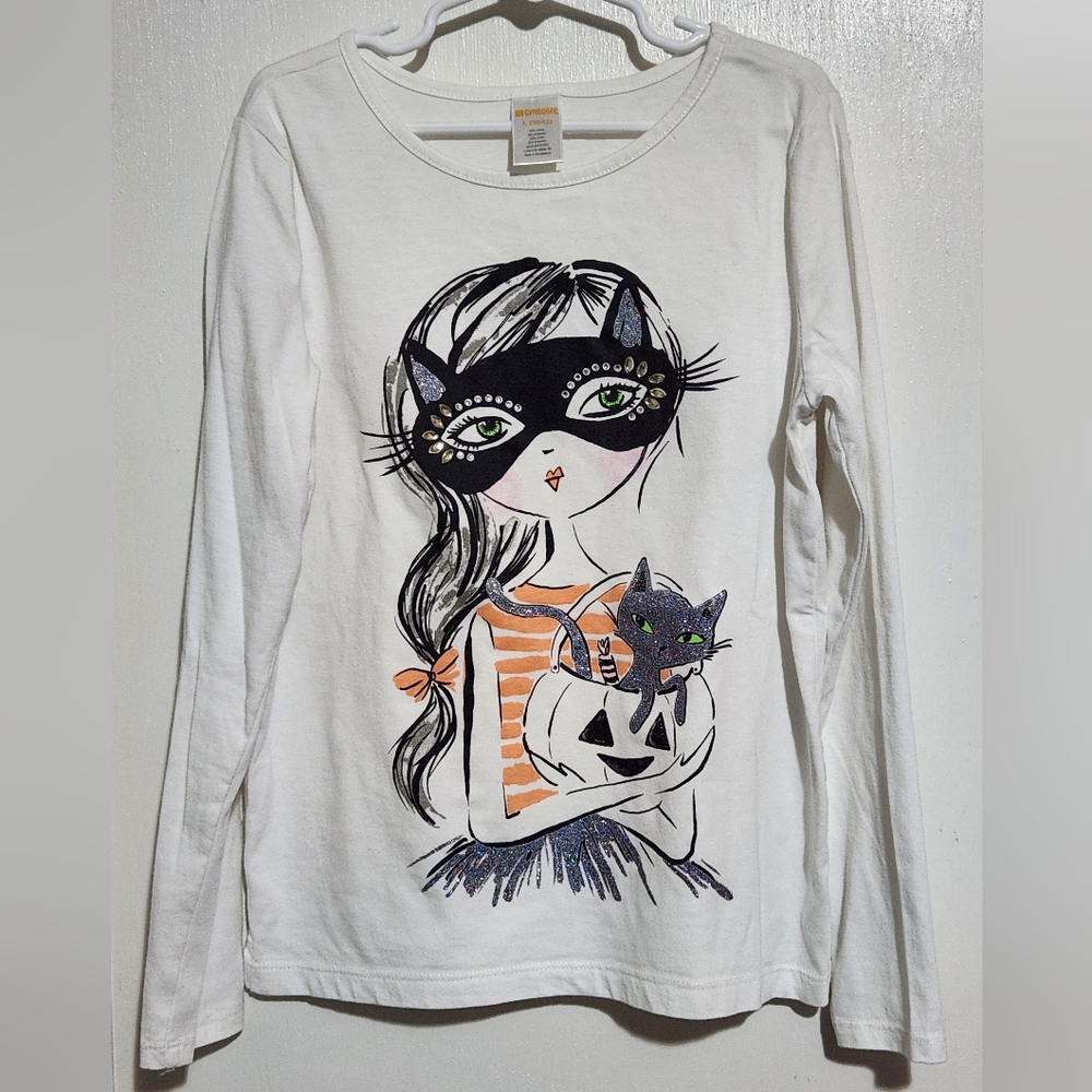 Gymboree Girls Size L (10-12) Halloween Shirt With Girl, Pumpkin & Kitty Cat